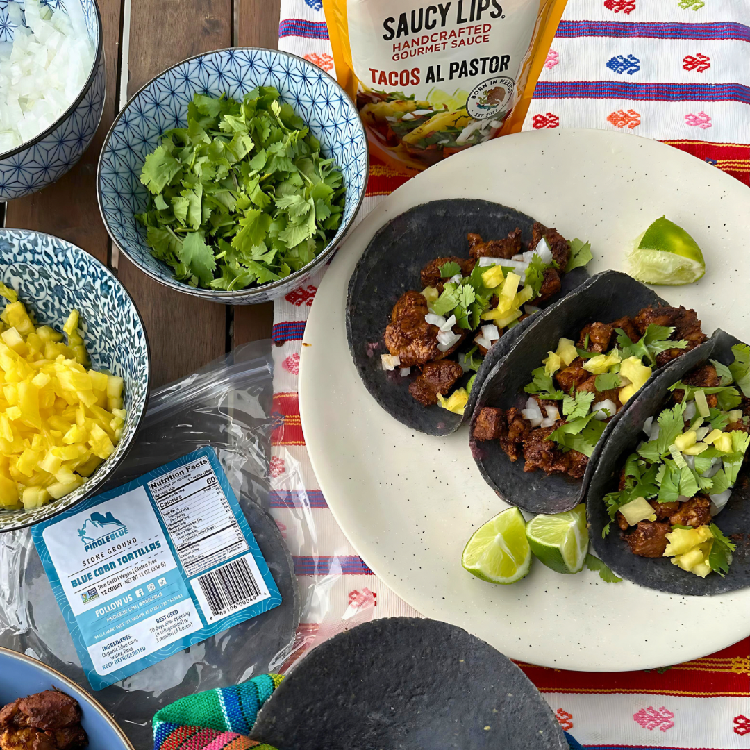 Pinole Blue Stone Ground Blue Corn Al Pastor Tacos