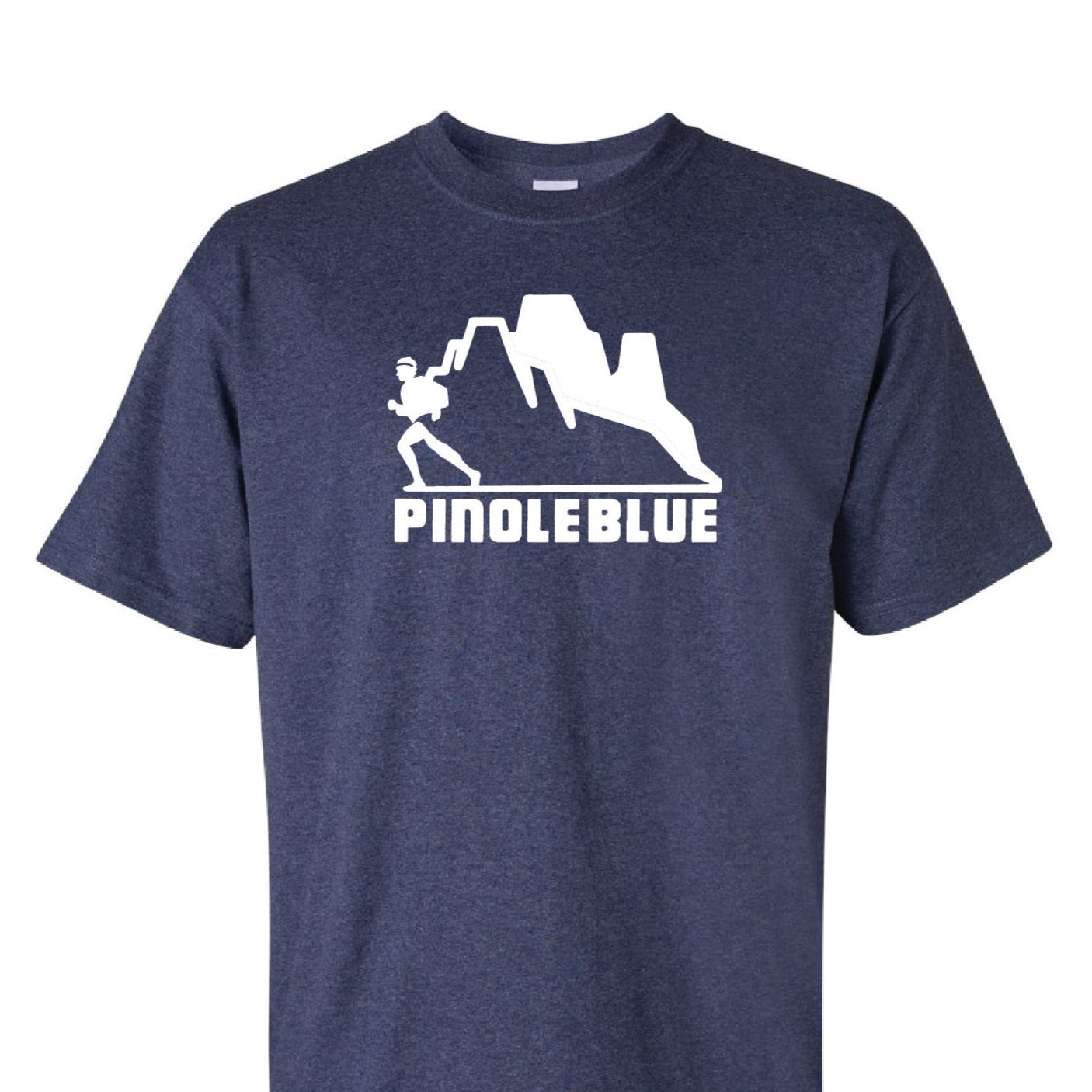 Front of a heathered blue t-shirt with a white Pinole Blue logo.
