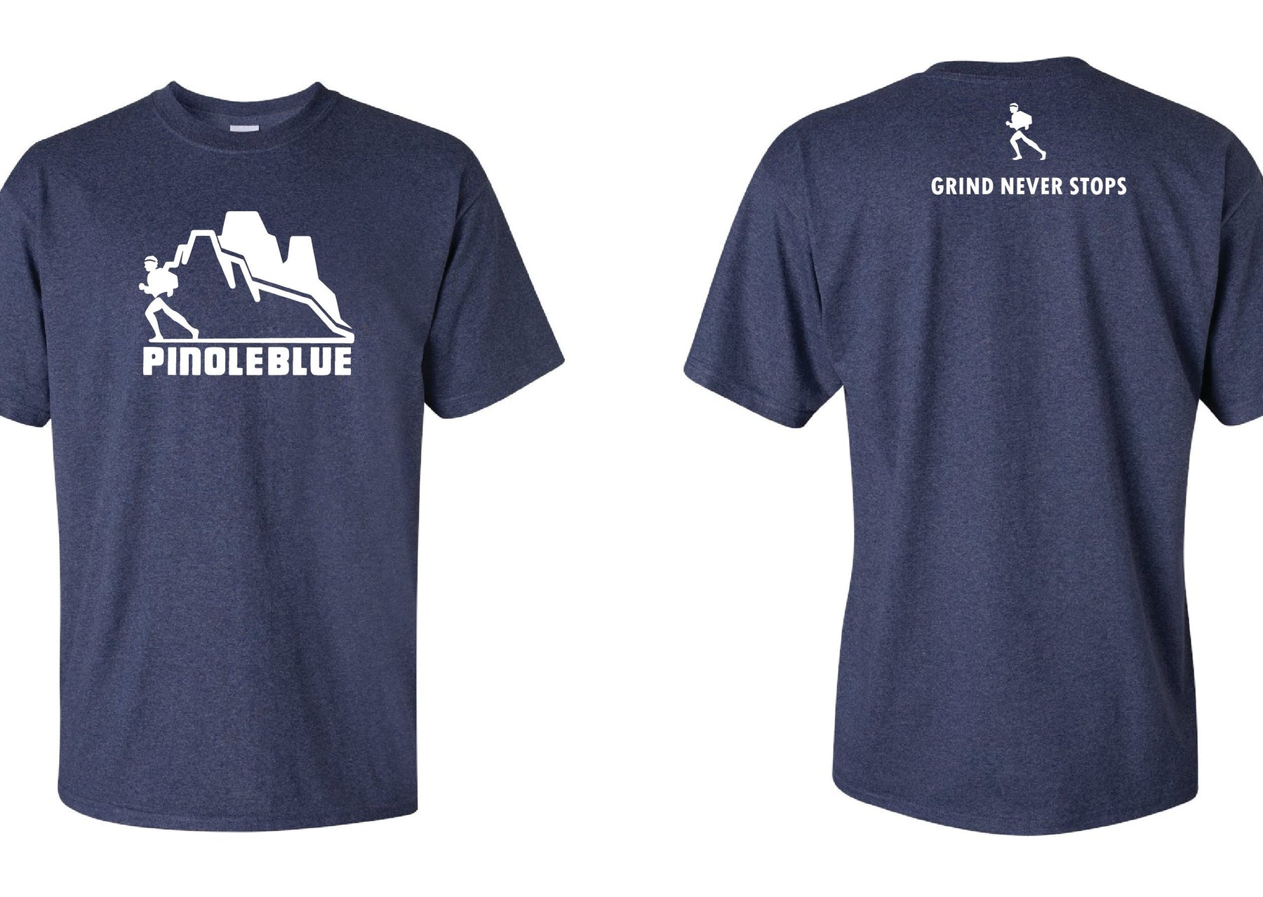 Front and back of a heathered blue t-shirt. The front has a Pinole Blue logo and the back has the text Grind Never Stops underneath a running man.