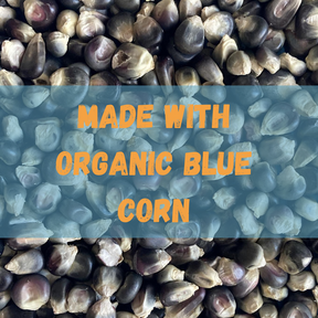Blue corn background with the text "made with organic blue corn"