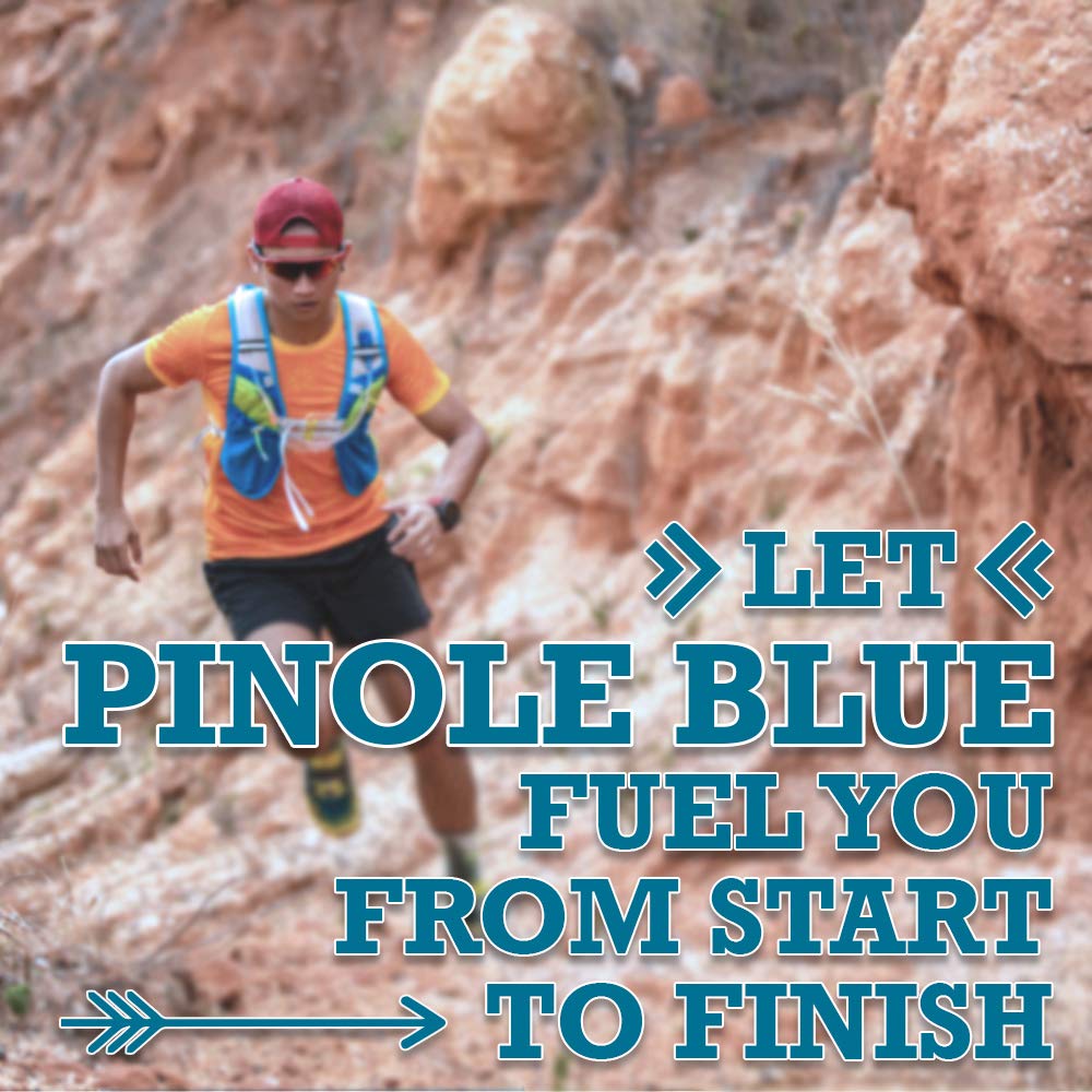Photo of a man running with text saying "Let Pinole Blue fuel you from start to finish"